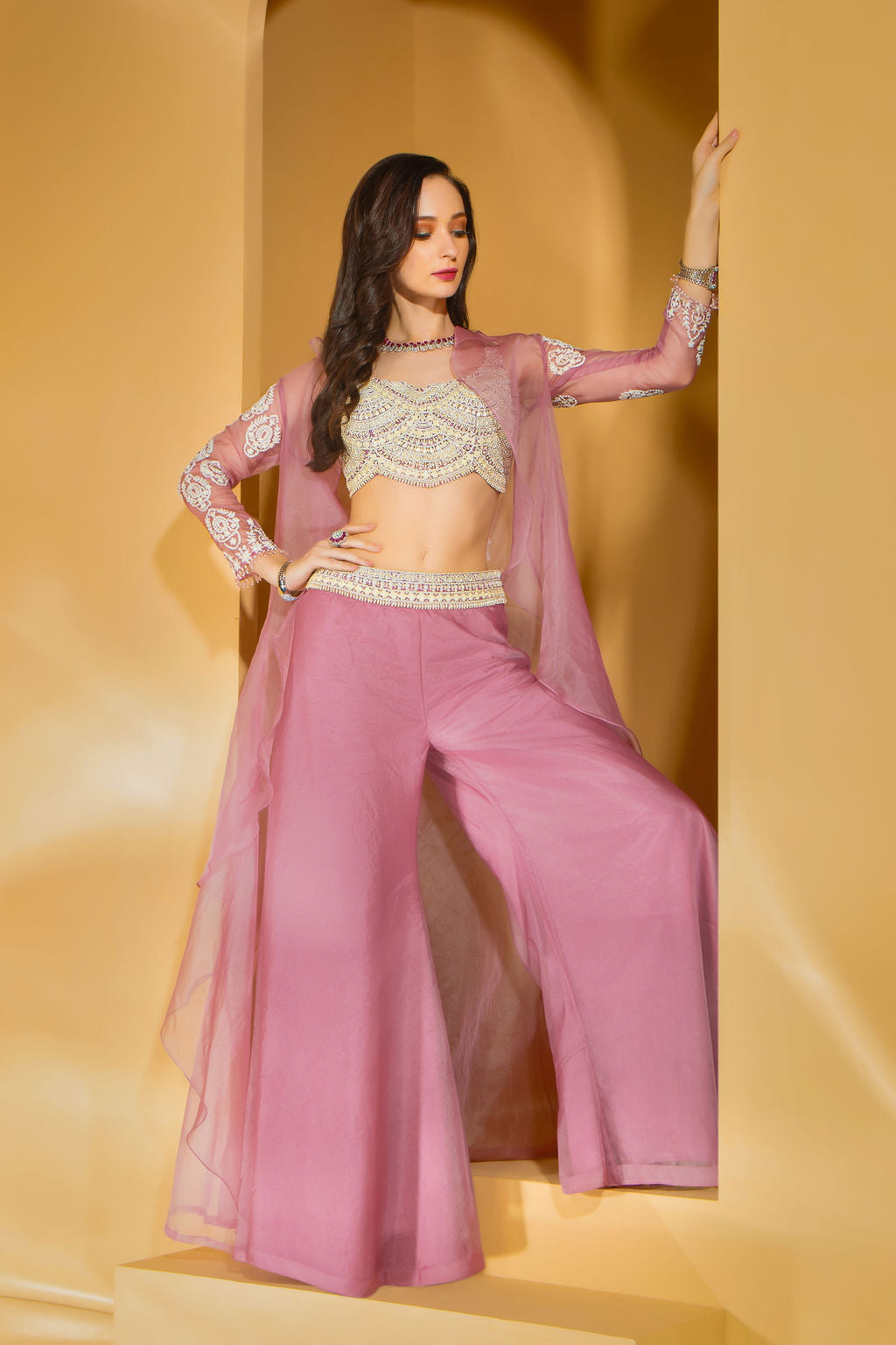 Blush Pink Palazzo with embroidered top with jacket