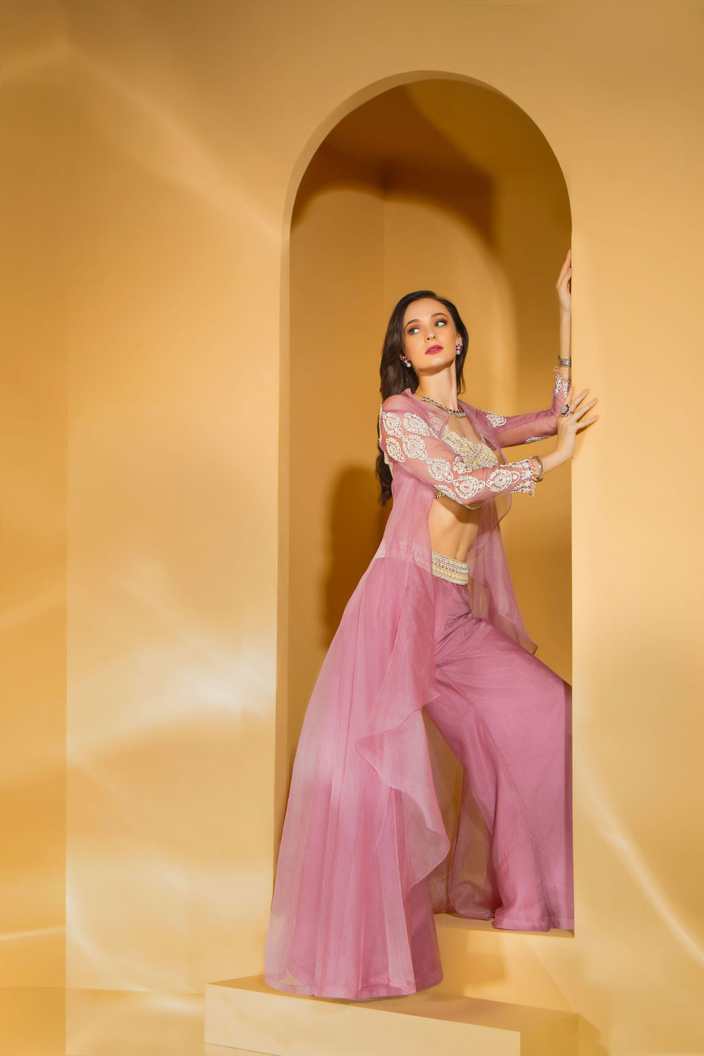 Blush Pink Palazzo with embroidered top with jacket