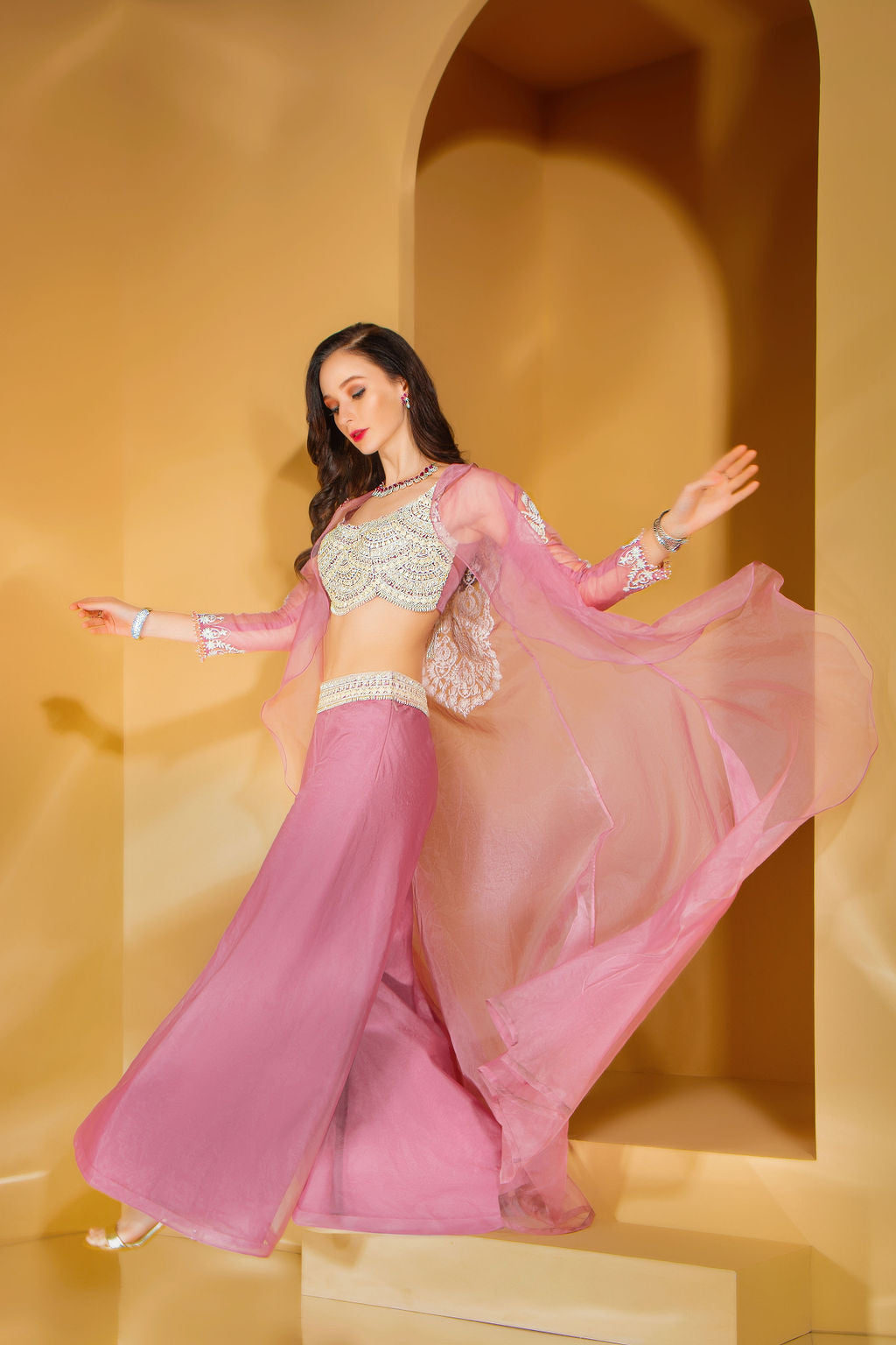Blush Pink Palazzo with embroidered top with jacket