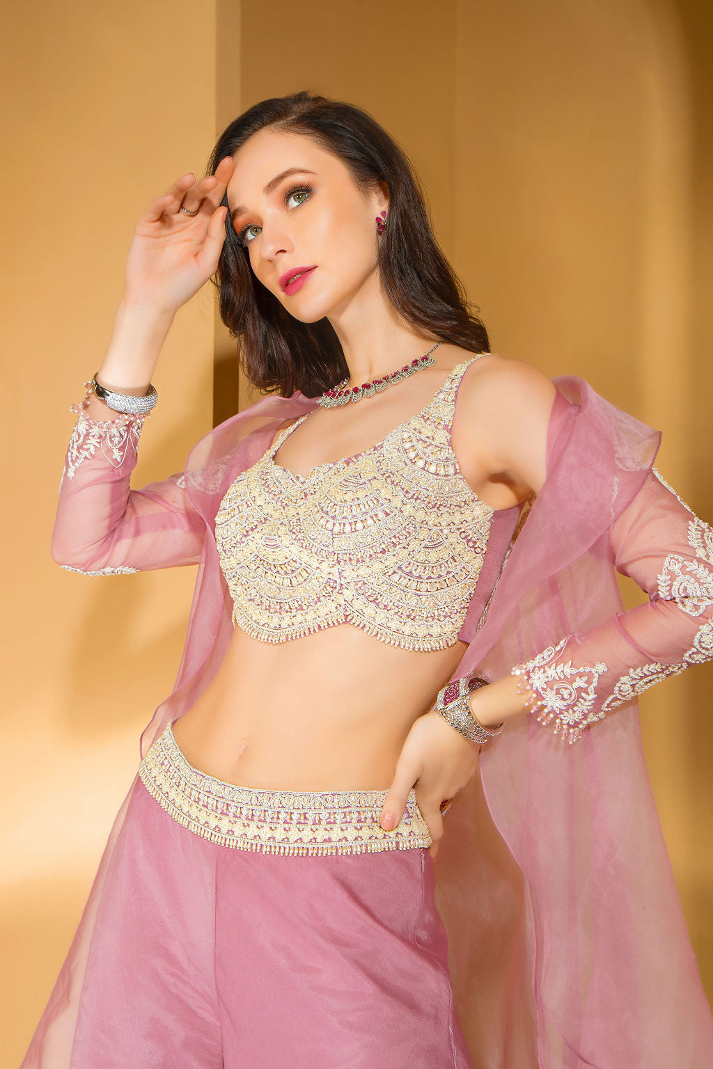 Blush Pink Palazzo with embroidered top with jacket