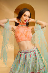 Net Halter top with multicolor Skirt