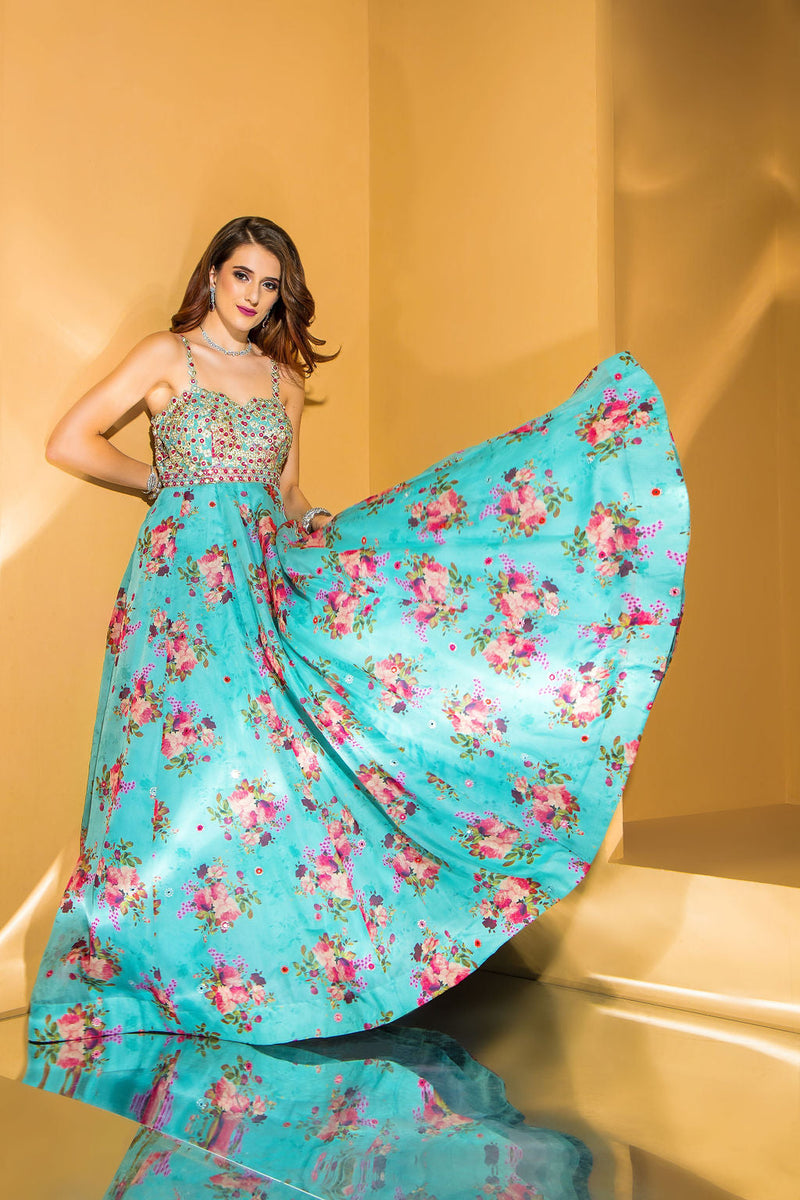 Printed organza Georgette Gown with Net Scarf 