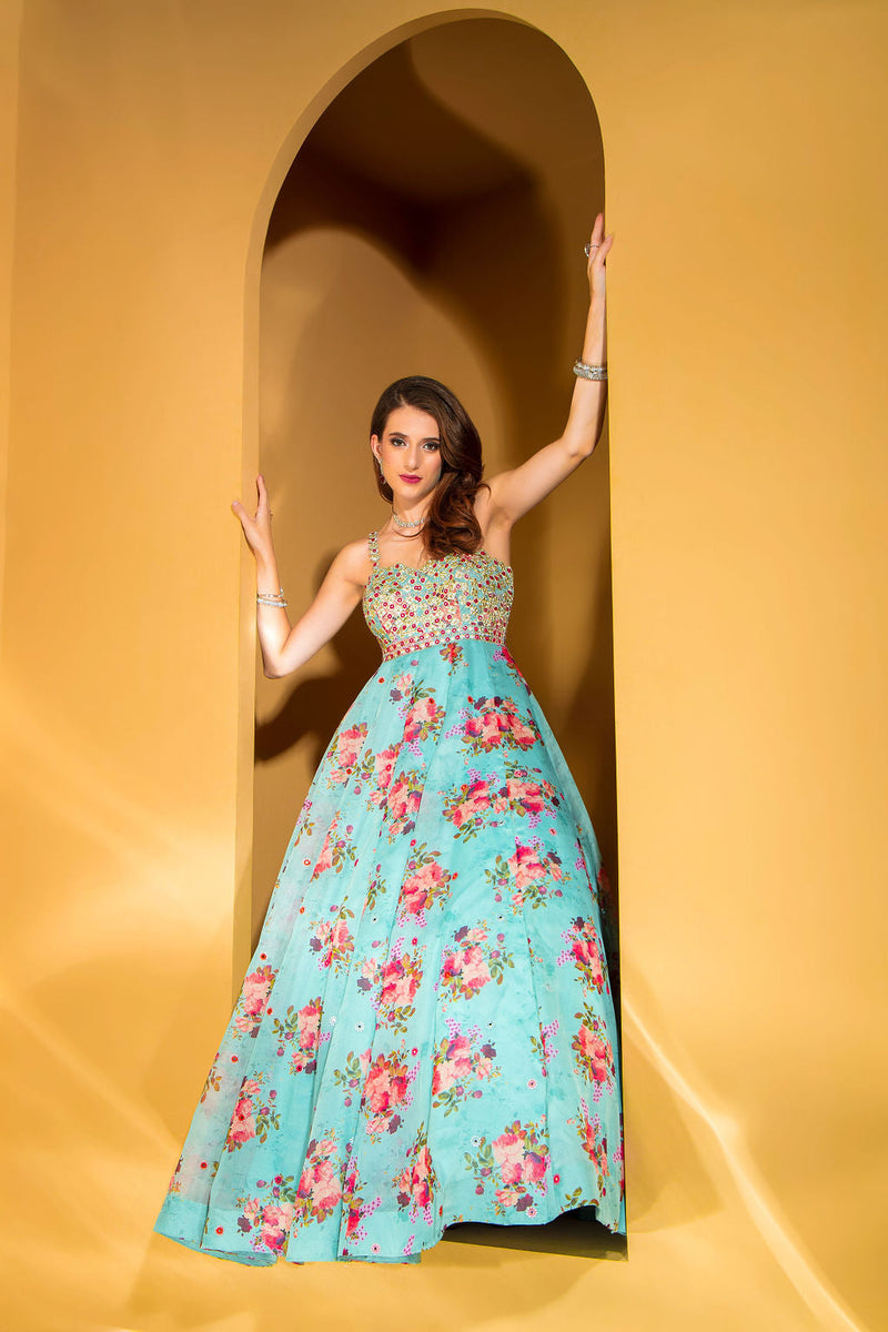 Printed organza Georgette Gown with Net Scarf 