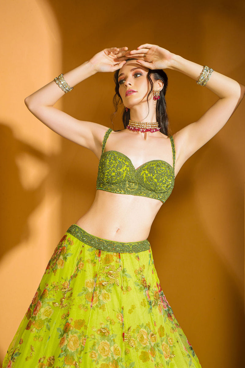 Green embroidered top with printed Skirt