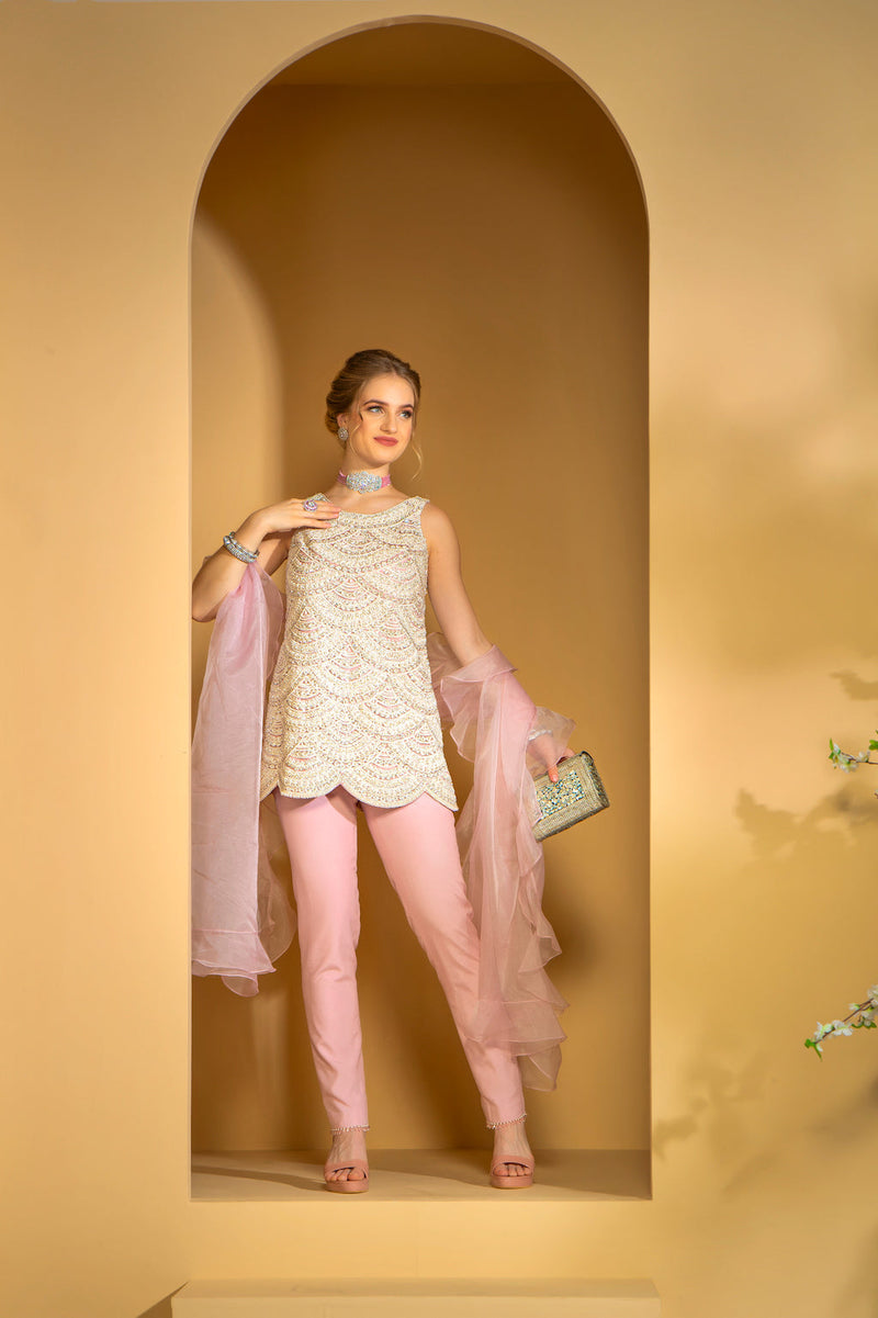 Baby Pink embrodiered Kameez with pants and scarf