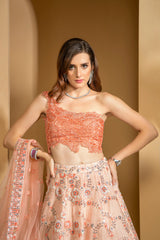 Pink one shoulder with heavy embroidered Skirt and Scarf