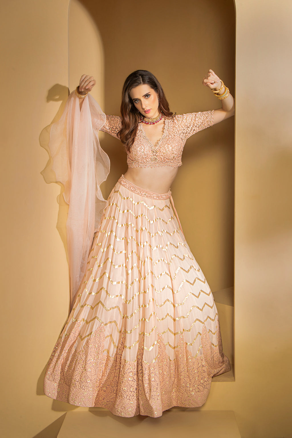 Pink Embroidered top with skirt and scarf