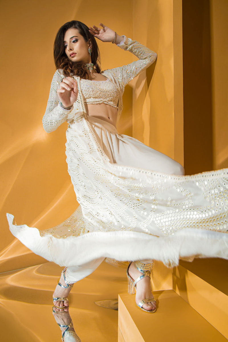 Ivory Dhoti with embroidered top with embroidered jacket