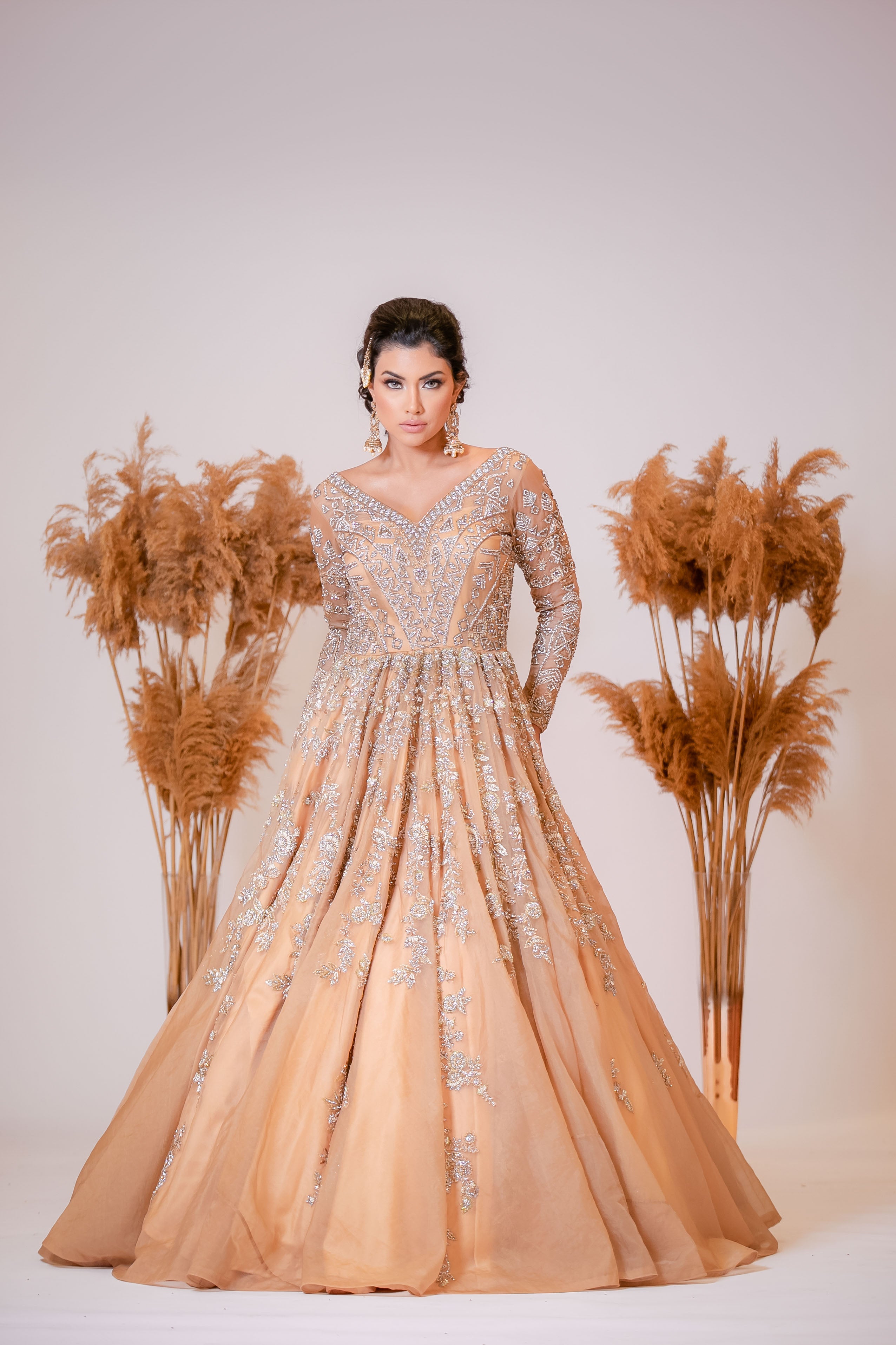 Golden Indo-western Bridal Reception Gown – Mongas