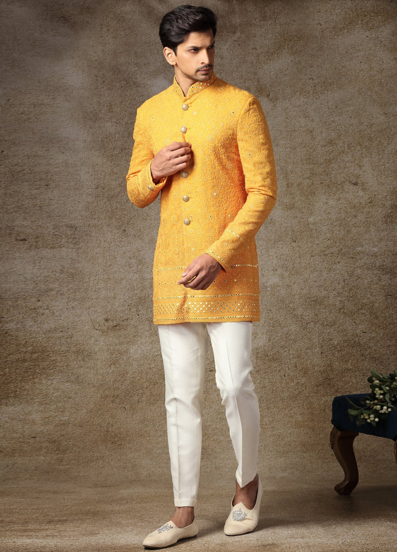 Canary Yellow Lucknowi Fusion Bandhgala