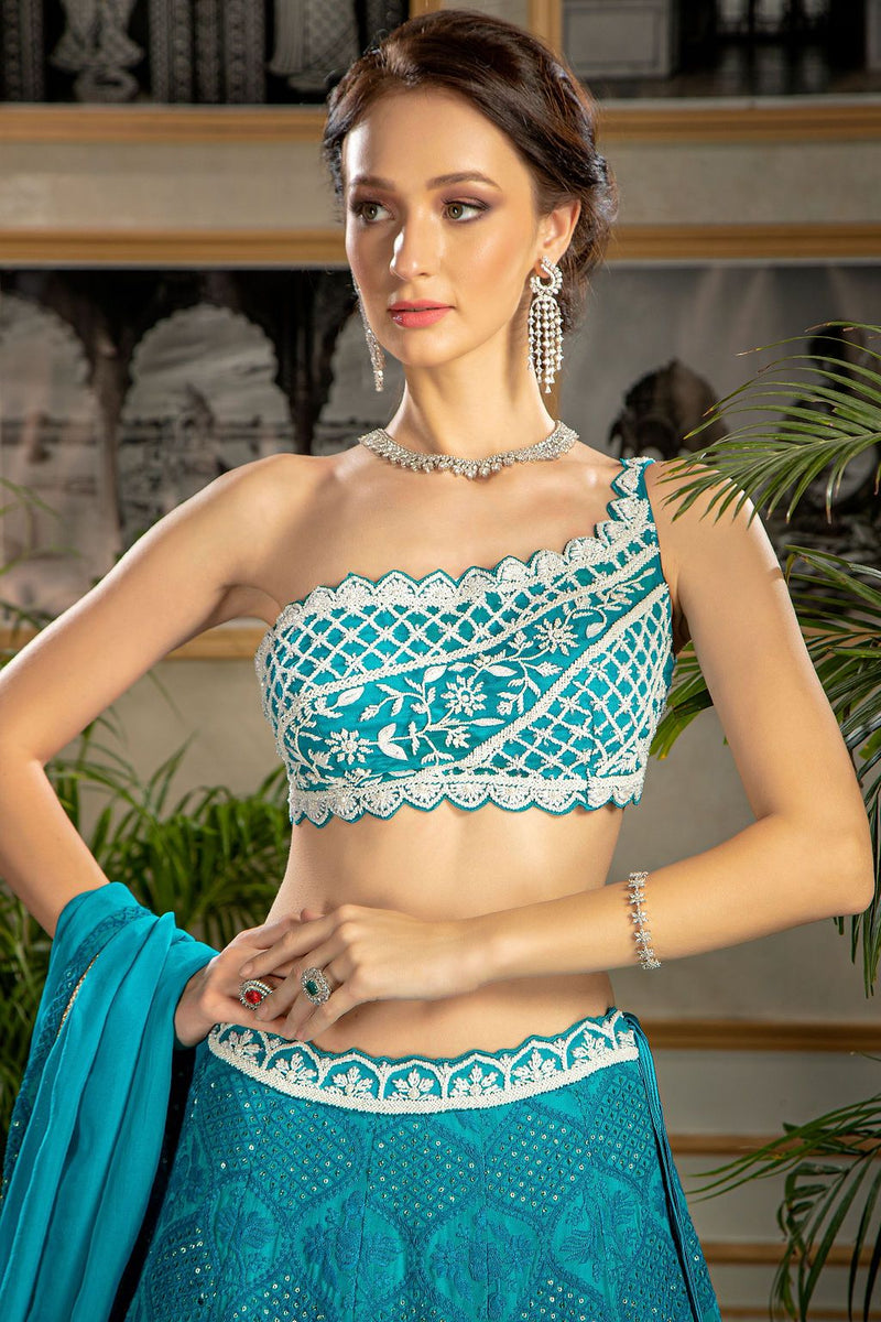 Turquoise pearl embroidered top with Skirt