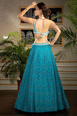 Turquoise pearl embroidered top with Skirt