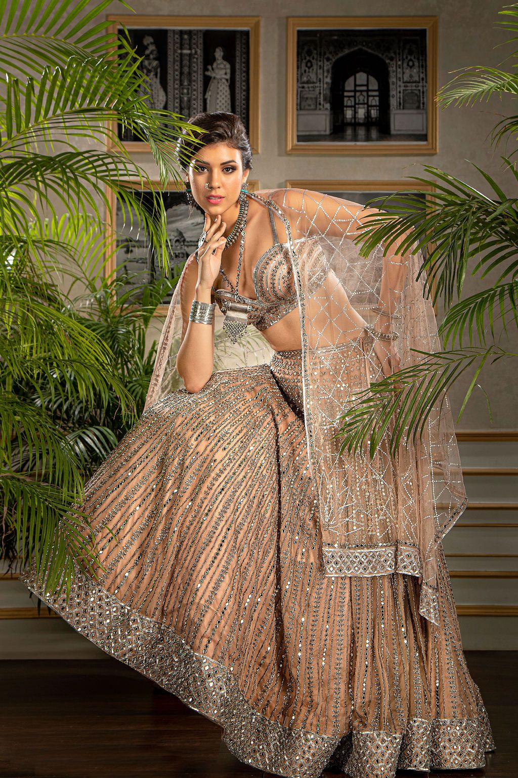 Nude Heavily Mirror Embroidered Lehenga