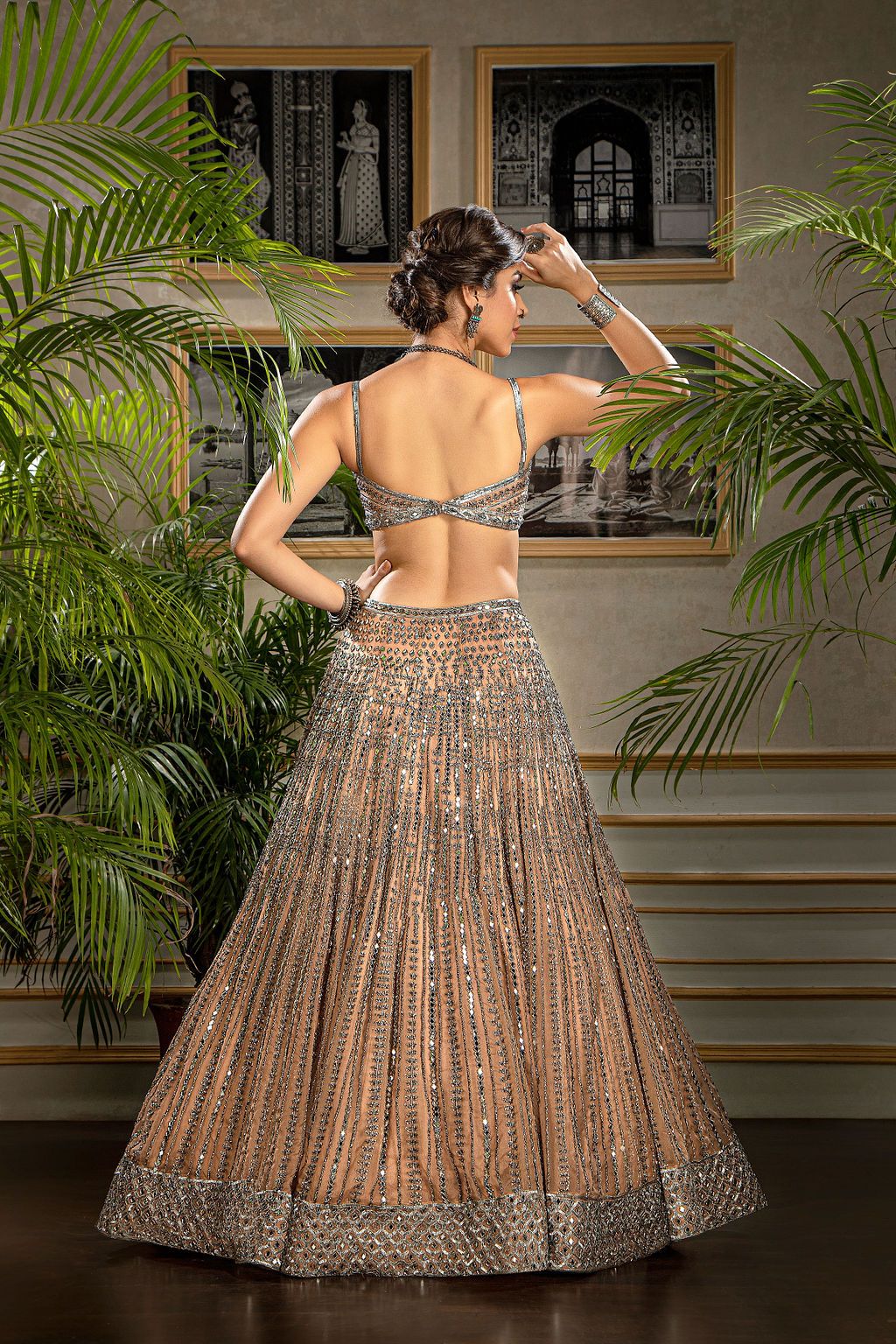 Nude Heavily Mirror Embroidered Lehenga