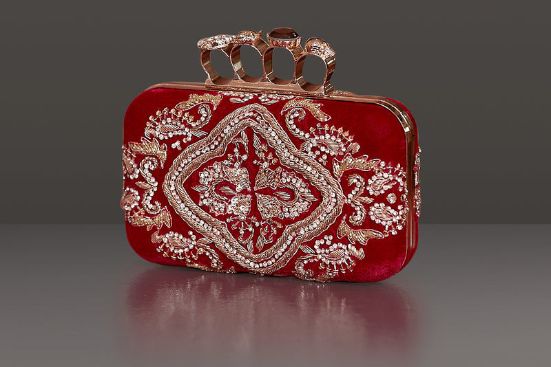 Red Velvet Metal frame Clutch with Heavy Dabka Embroidery