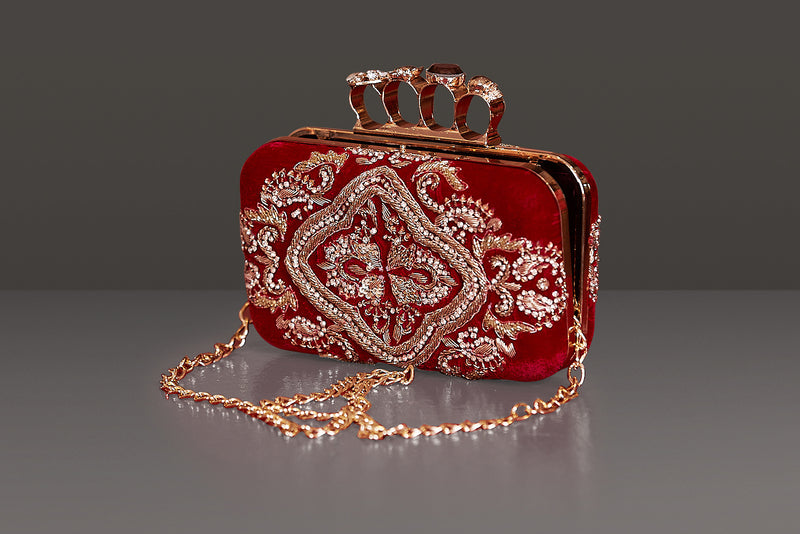 Red Velvet Metal frame Clutch with Heavy Dabka Embroidery