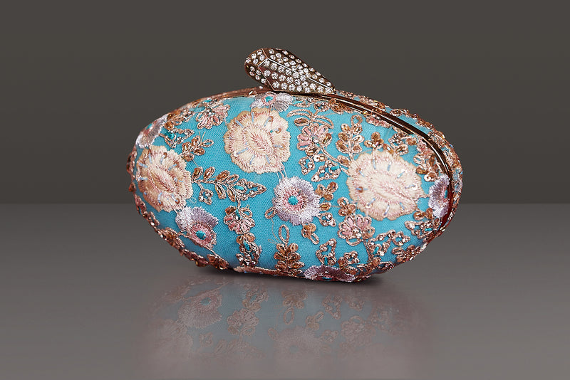 Sky Blue Metal frame Oval clutch with Double Side Embroidery
