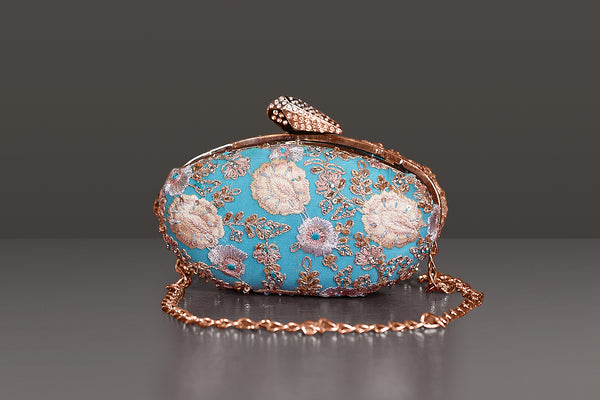 Sky Blue Metal frame Oval clutch with Double Side Embroidery