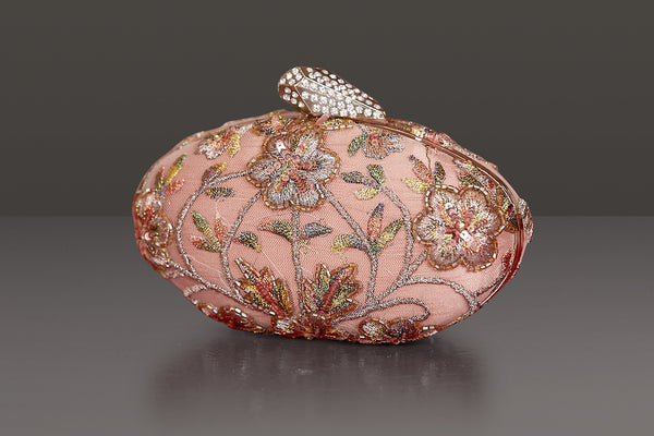 Nude Colour Zari and Thread Embroidered Oval Metal Clutch