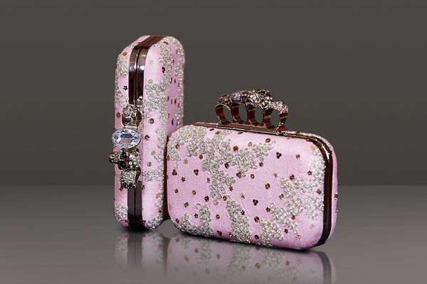 Baby Pink Zari And Sequin Embroidery Metal Clutch