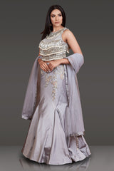 GREY TOP FULL EMBROIDERED AND TASSELS ON IT WITH FISH CUT SKIRT WITH EMBROIDERY NET SCARF