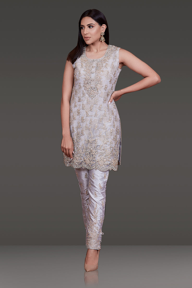 LIGHT GREY KAMEEZ WITH ZARI AND STONE WORK ALL OVER PAIRED WITH SILK PANTS AND NET DUPATTA