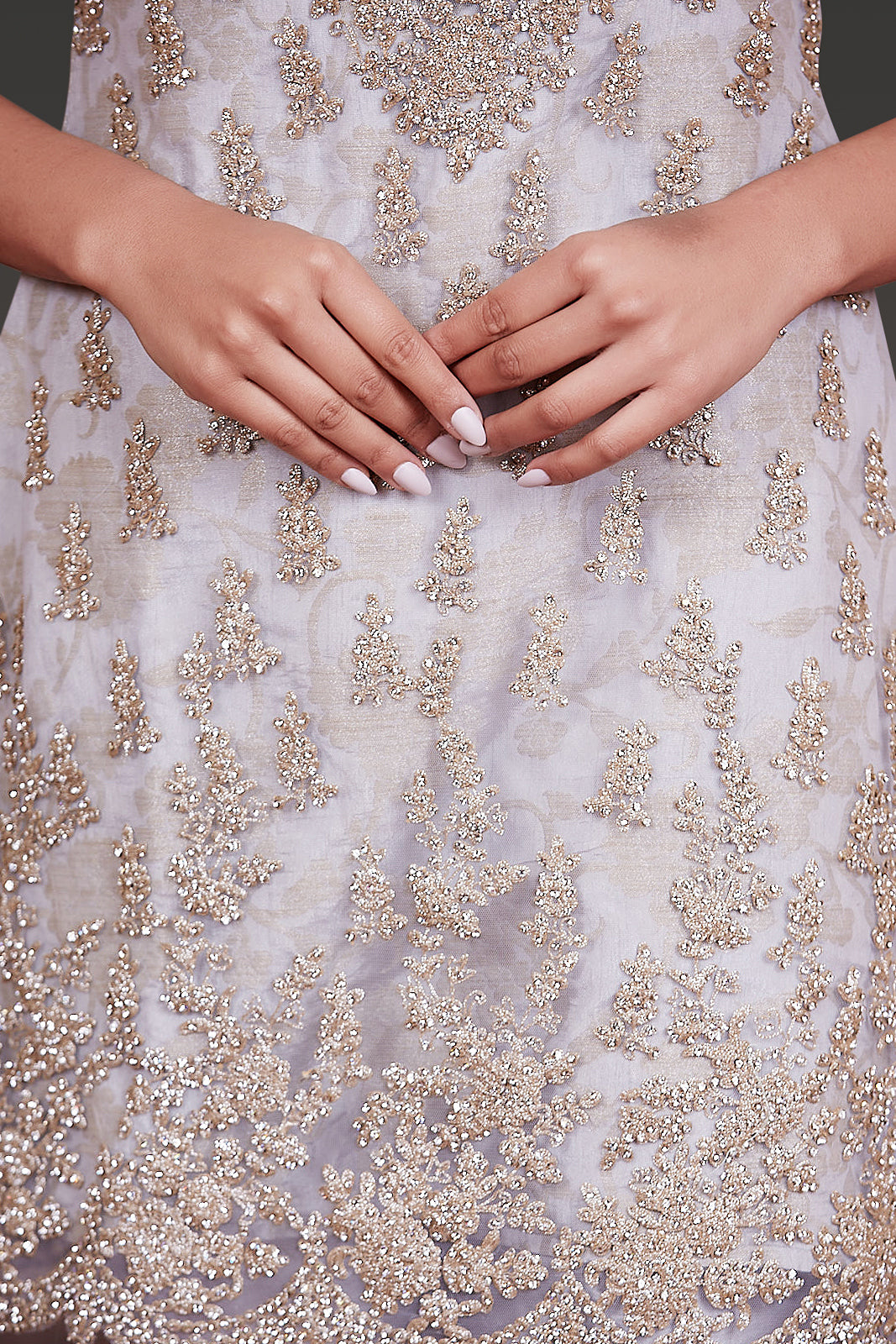 LIGHT GREY KAMEEZ WITH ZARI AND STONE WORK ALL OVER PAIRED WITH SILK PANTS AND NET DUPATTA