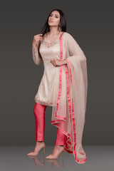 HEAVY EMBROIDERED KAMEEZ CONTRAST WITH RAW SILK PANTS PAIRED WITH NET DUPATTA