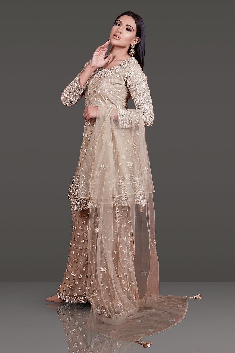 Gold Colour Tone-to-Tone embroidered Net Kameez with Sharara and Dupatta