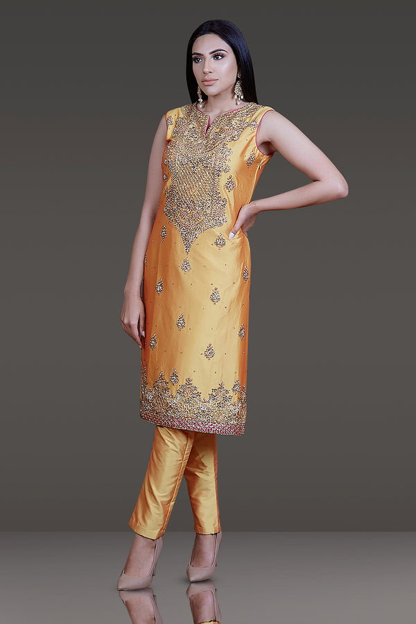 Mustard Yellow Taffeta Silk Kameez Suit with PANTS and Dupatta