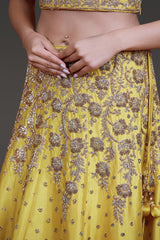 Bright Yellow Taffeta Silk Lehenga-Top-Dupatta Embossed with Ivory Gold & Stone Work
