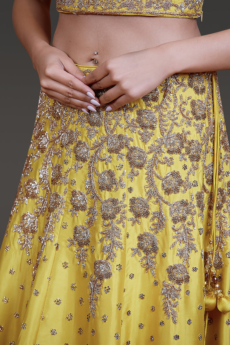 Bright Yellow Taffeta Silk Lehenga-Top-Dupatta Embossed with Ivory Gold & Stone Work