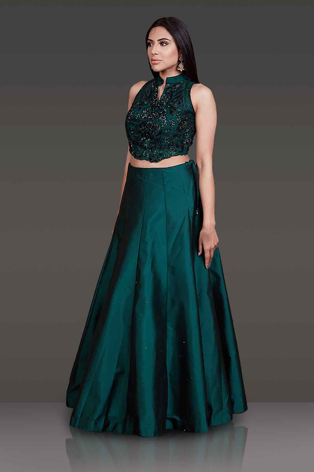 Velvet Laser Cut Emerald Green Crop Top With Tafta Silk Bottle Green Skirt