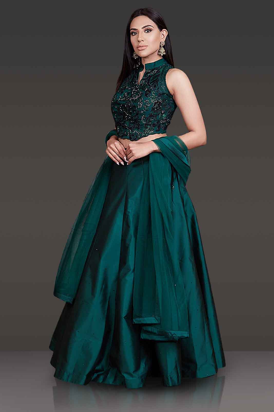 Velvet Laser Cut Emerald Green Crop Top With Tafta Silk Bottle Green Skirt