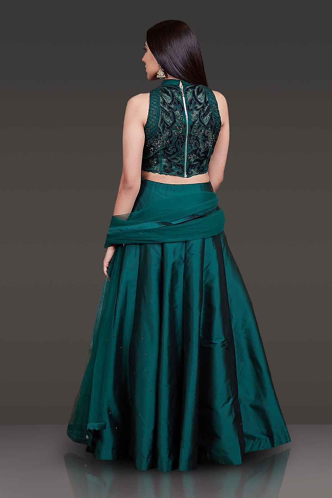 Velvet Laser Cut Emerald Green Crop Top With Tafta Silk Bottle Green Skirt