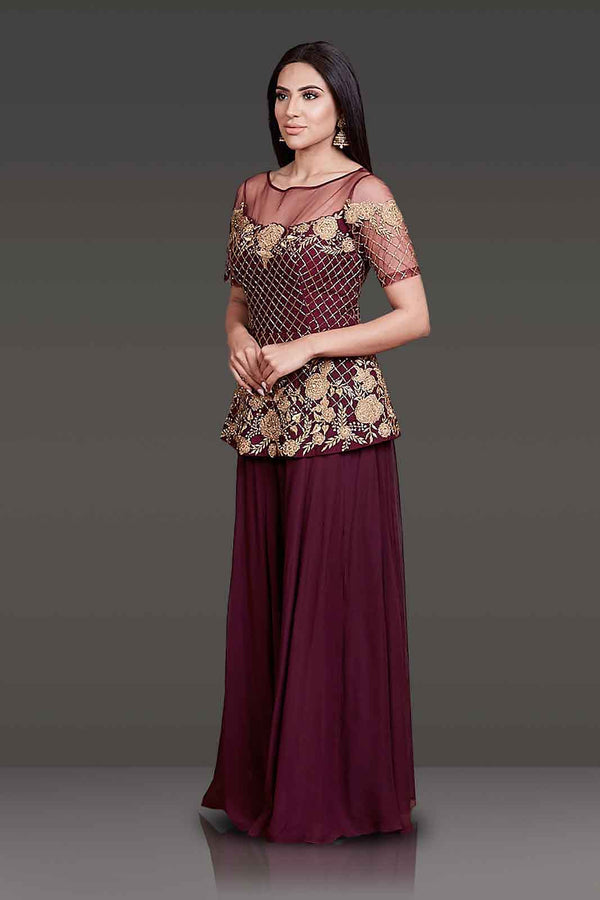 Burgundy Peplum with Sharara Paired With Net Scarf