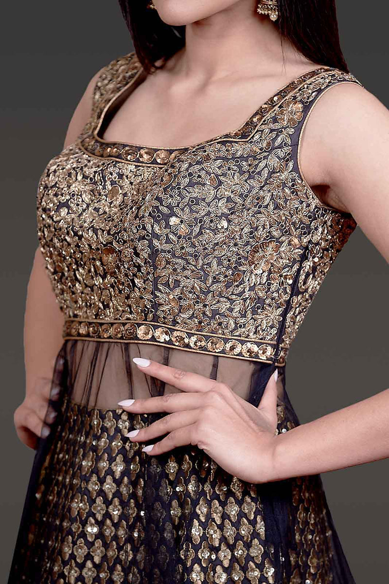 Black Net Peplum Silk Skirt and Net Dupatta with Gold Zari Embroidery