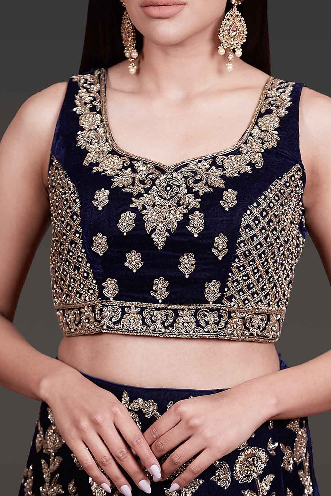 navy Bridal Outfit With Velvet Top And Net Dupatta