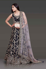 navy Bridal Outfit With Velvet Top And Net Dupatta