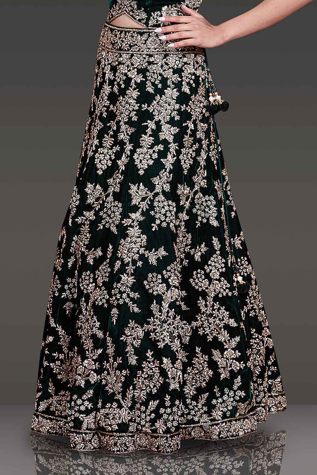 Bottle-Green Micro-Velvet Bridal Lehenga with Gold Zardozi top and Stone Embroidery