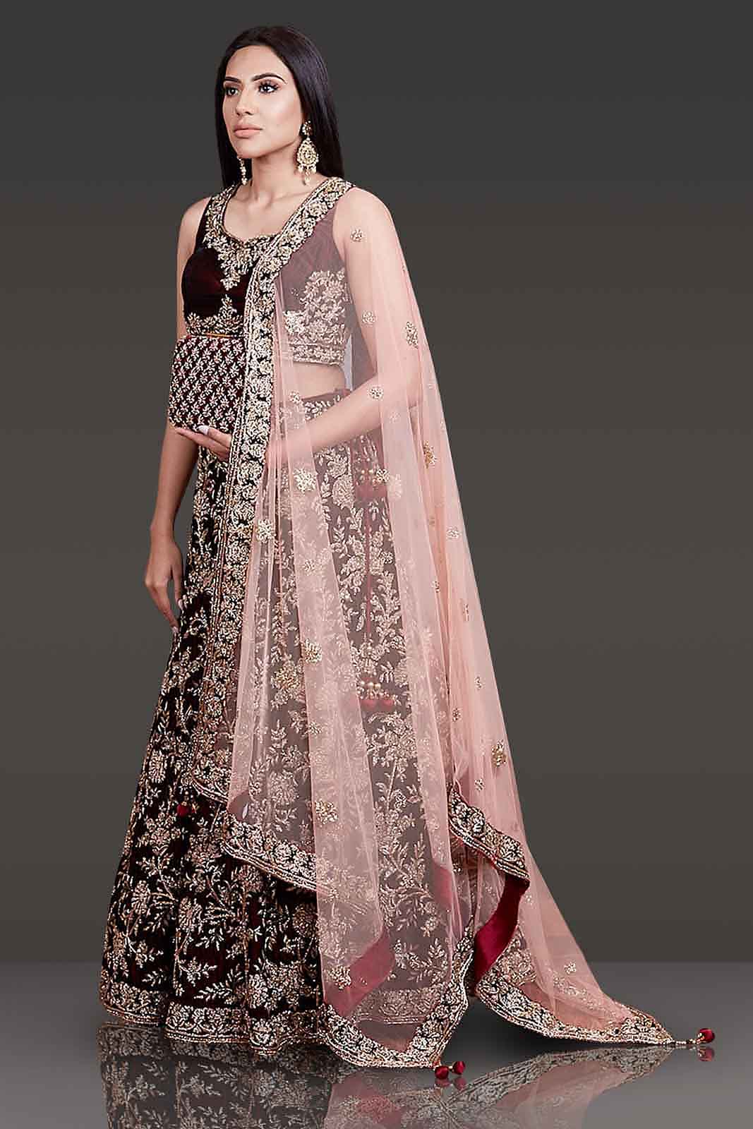 Velvet Bridal Outfit Embellished With Hand Embroidery