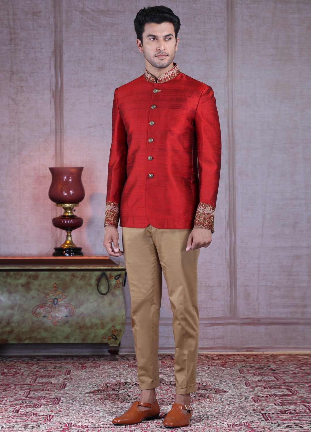 Scarlet Maroon Raw Silk Jodhpuri Set – Mongas