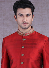 Scarlet Maroon Raw Silk Jodhpuri Set