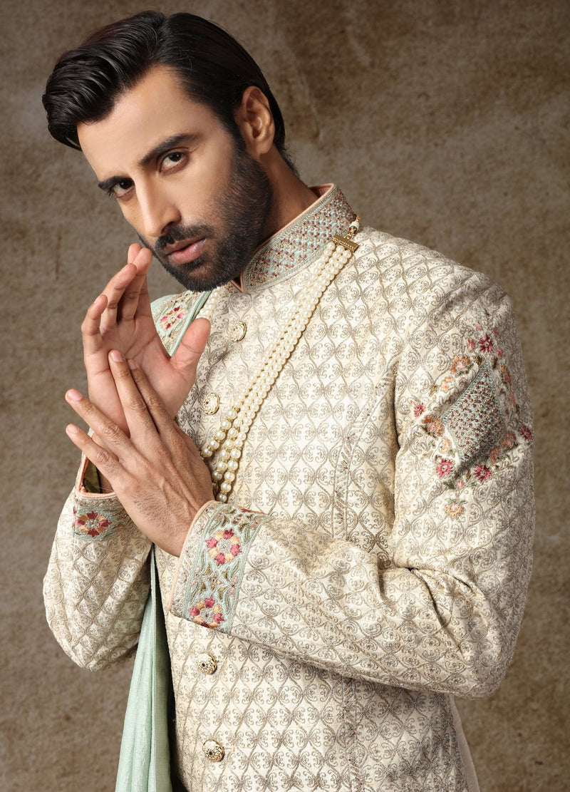 Ivory Embroidered Sherwani 