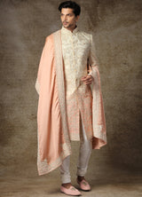 Salmon Peach Blended Silk Royal Sherwani 