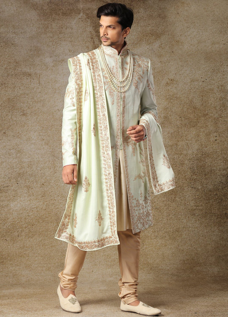 Gold And Pastel Green Embroidered Sherwan