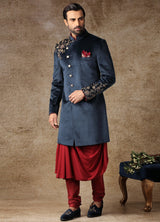 Maroon And Ink Blue Indo-Western Kurta Sherwani 