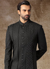 Black Embroidered Asymmetric Sherwani
