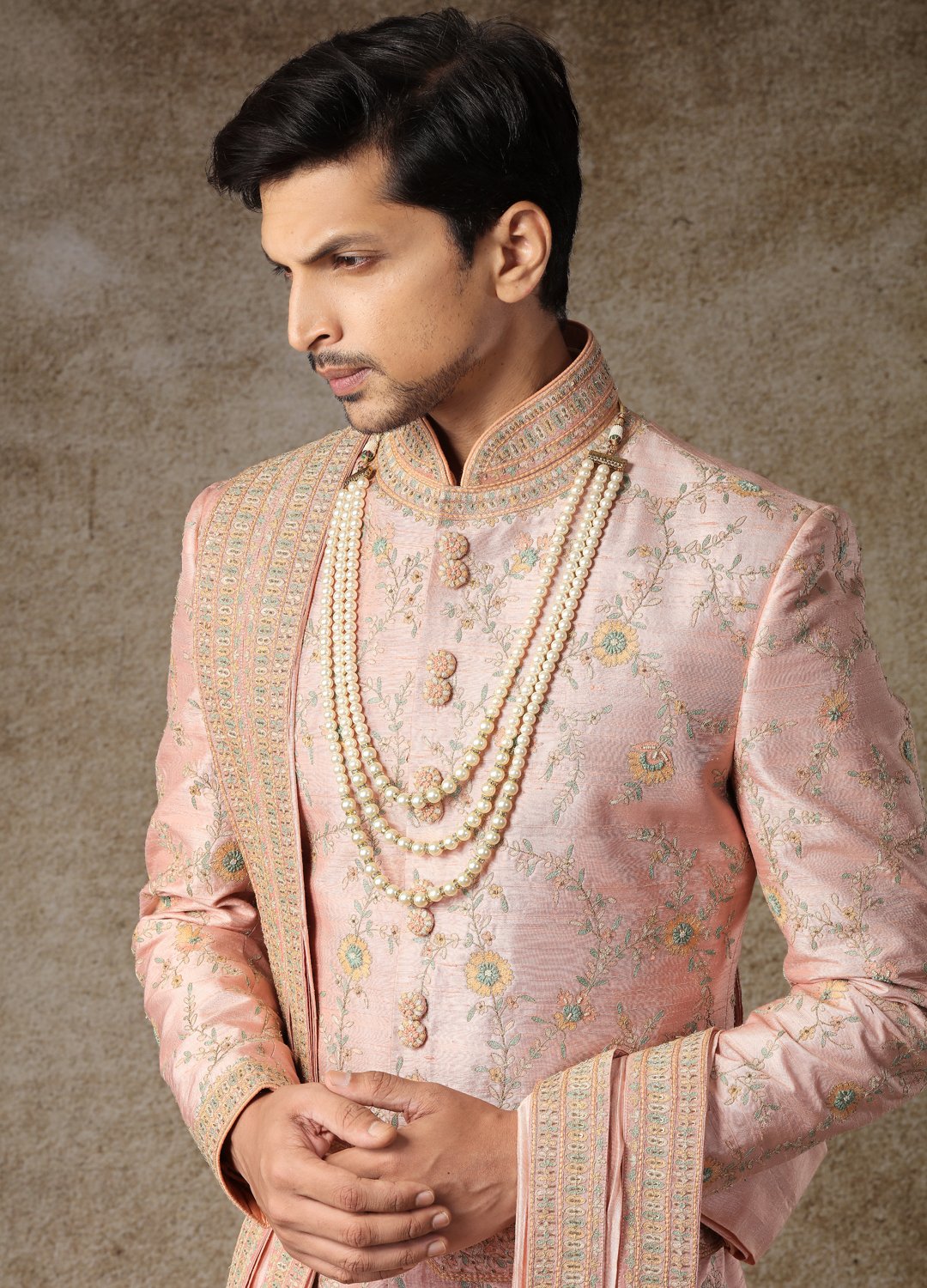Peach Embroidered Sherwani