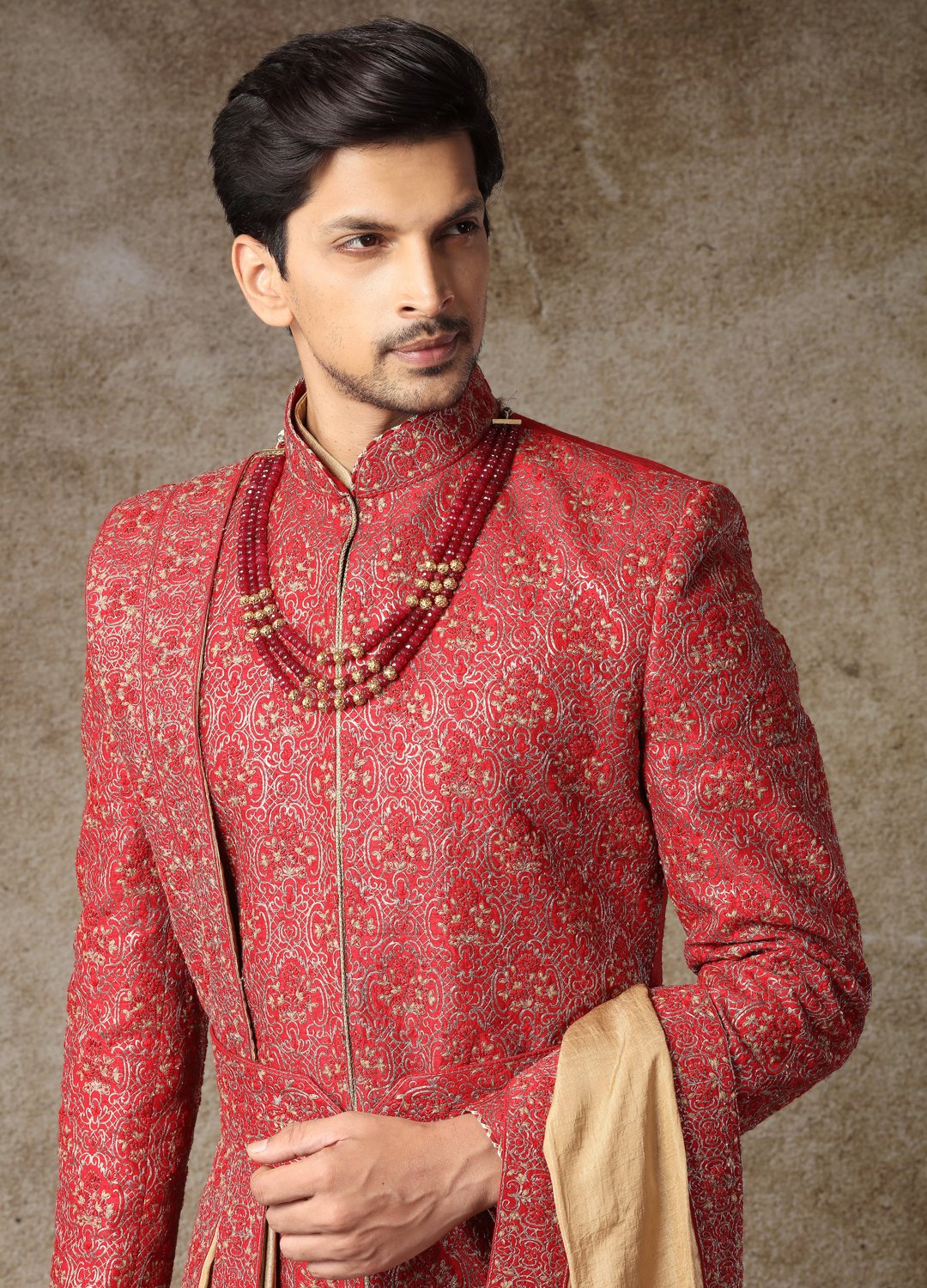 Golden And Rustic Maroon Sherwani 